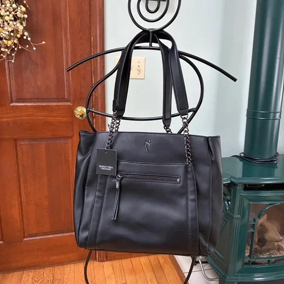 NWT Simply Vera Vera Wang Black Rockbridge Faux Leather Large Chain Tote Bag